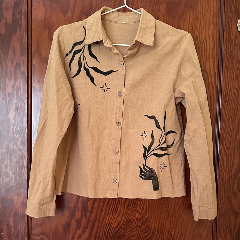 Unique Artisan-made Button-Up Women's Top with Black Block Print Design